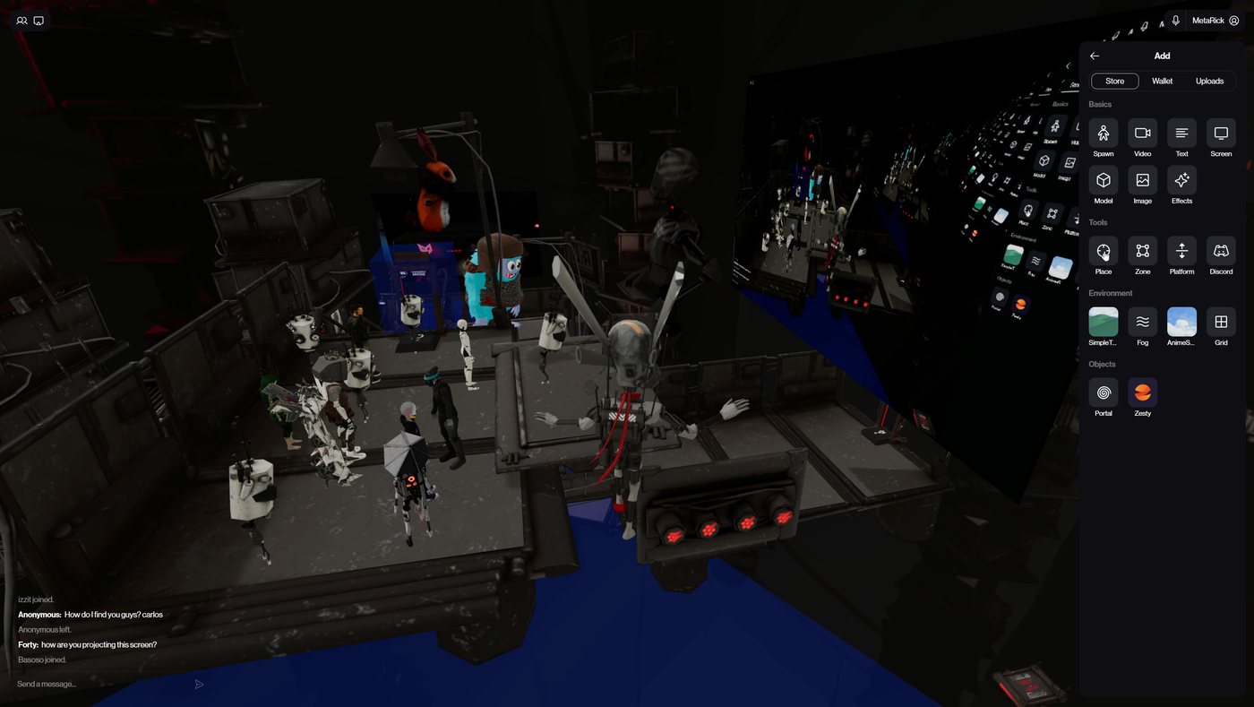 A live worldbuilding workshop by Virtual Worlds Company's MetaRick_, taught from inside VR — students' avatars gathered around the builder tools