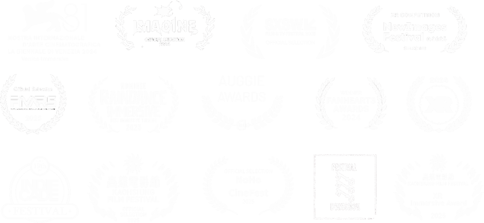 Virtual Worlds Company festival laurels — official selections and awards including Venice Immersive, SXSW, Raindance Immersive, NewImages Paris, Kaohsiung and Festival d’Avignon
