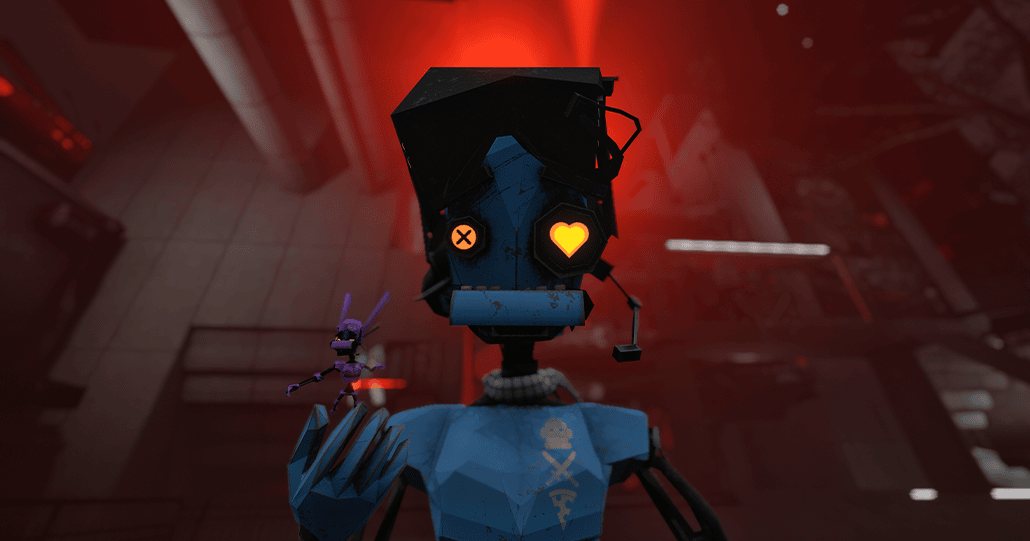 Uncanny Alley by Virtual Worlds Company — Atom the sentient bot inside the neon back alley of the metaverse
